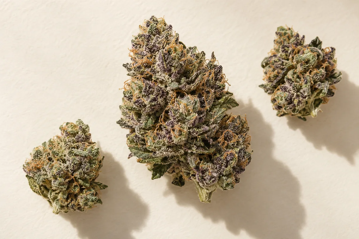 Illustrative cannabis flowers photographed on warm ivory paper